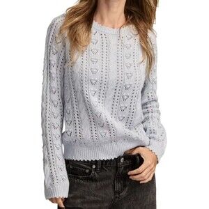 Lucky Brand Women’s Sweater Medium Blue Pointelle Cable Knit Crewneck Scalloped